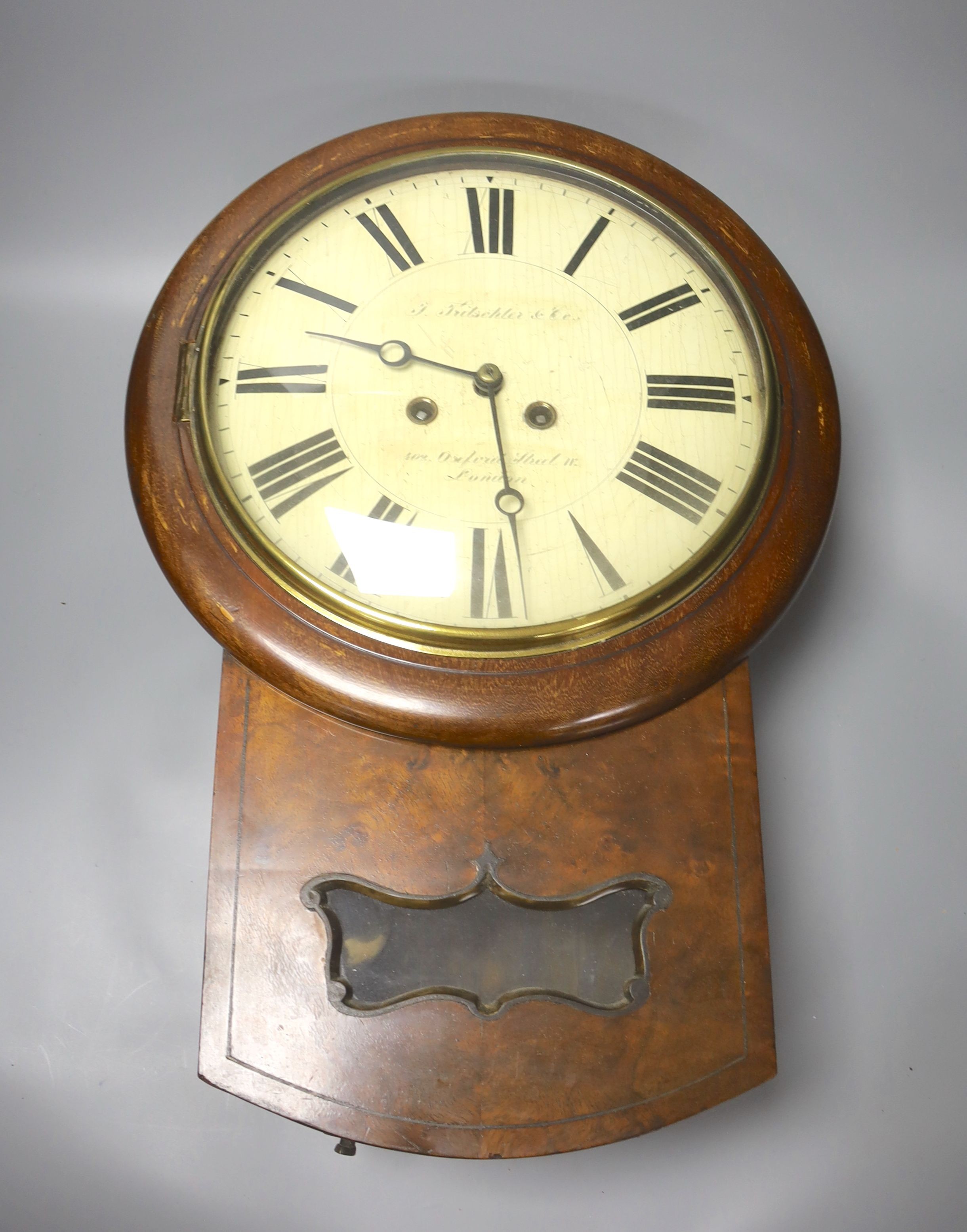 A 19th century mahogany cased 8 day drop dial wall clock, painted wood convex dial, F. Fritschler & co., 54cm